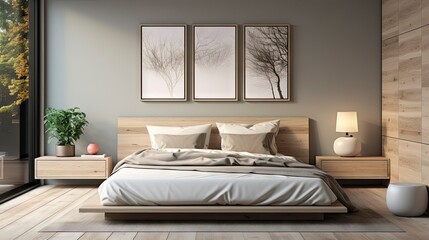 Fototapeta na wymiar Mockup frame in cozy beige bedroom interior background.