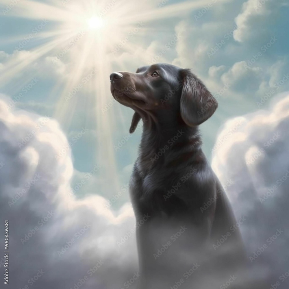 Canvas Prints AI generated illustration of a black dog gazing toward the sun in a clear sky