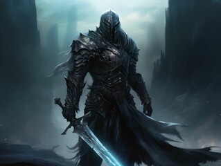 AI generated illustration of a man in dark armor standing with a sword in hand