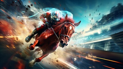 Experience the thrill of pixel-perfect horse racing in a futuristic world of unparalleled excitement.  - obrazy, fototapety, plakaty