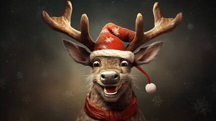 Cheerful and funny Christmas reindeer in red cap. Generative AI - obrazy, fototapety, plakaty