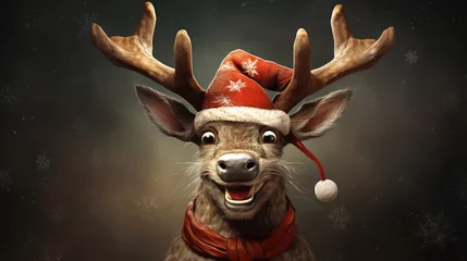 Fototapeten Cheerful and funny Christmas reindeer in red cap. Generative AI © masharinkaphotos