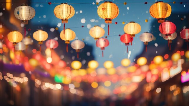 Chinese New Year red lanterns, blurred bokeh background. Generative AI