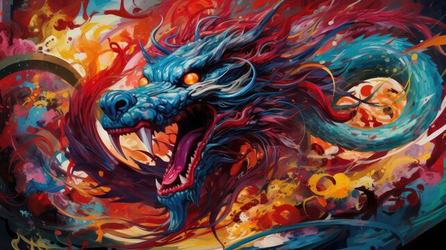Chinese traditional dragon, New Year 2024, graffiti style. Generative AI