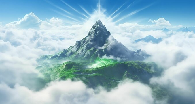 AI generated illustration of a mountain peak covered with clouds