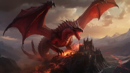 AI generated illustration of a red dragon attacking a medieval town on a hill