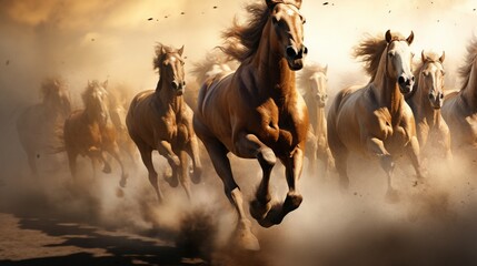 Feel the excitement build as engineered horses gallop towards victory in the ultimate race.  - obrazy, fototapety, plakaty