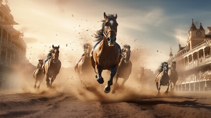 Feel the excitement build as engineered horses gallop towards victory in the ultimate race.  - obrazy, fototapety, plakaty
