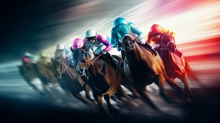Feel the pulse-pounding intensity as crafted racehorses give it their all on the digital racetrack.  - obrazy, fototapety, plakaty