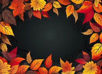 Fototapeta na wymiar Autumn photo frame on a black background with yellow, orange, and red leaves, perfect for adding text. Generative AI
