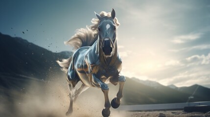 Get ready to be transported to a world where virtual equine athletes redefine the meaning of speed.  - obrazy, fototapety, plakaty