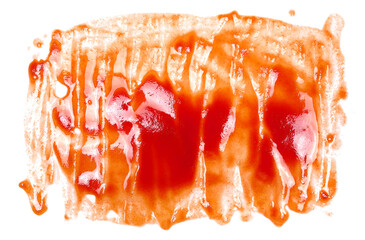 Red ketchup splashes, smeared isolated on white background, tomato pure texture, top view

