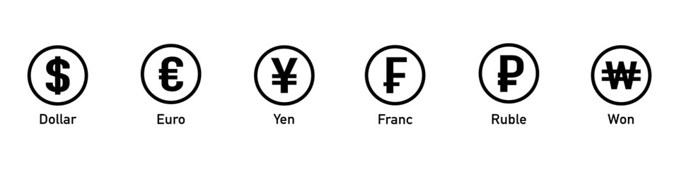 International currency symbol icons. Currency symbols. Euro, dollar, Franc, Yuan, Yen, Ruble, Won. Money kind icons. Vector Illustration. Vector graphic. EPS 10 - obrazy, fototapety, plakaty