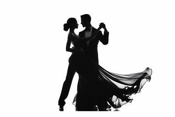 Silhouette of ballroom dancers who are dancing as a couple showing their technique skills at a Latin dance competition event, Generative AI stock illustration image isolated on a white background