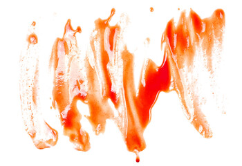 Red ketchup splashes, smeared isolated on white background, tomato pure texture, top view
