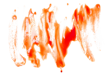 Red ketchup splashes, smeared isolated on white background, tomato pure texture, top view
