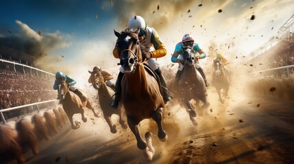Immerse yourself in the electrifying world of virtual horse racing, where competitors push the limits of speed and endurance.  - obrazy, fototapety, plakaty