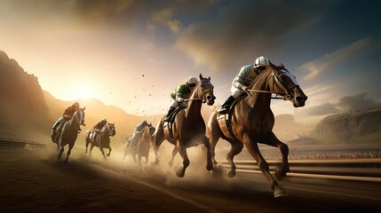 Immerse yourself in the electrifying world of virtual horse racing, where competitors push the limits of speed and endurance.  - obrazy, fototapety, plakaty
