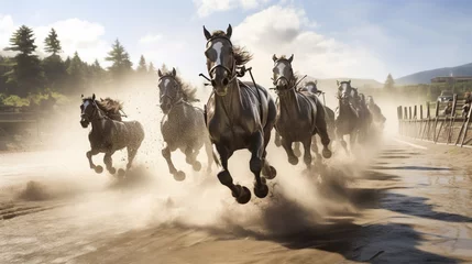Tuinposter Immerse yourself in the world of equestrian excellence as driven horses compete at breakneck speeds.  © hamad