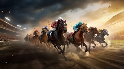 Join the virtual crowd and witness the extraordinary speed and agility of crafted racehorses.  - obrazy, fototapety, plakaty