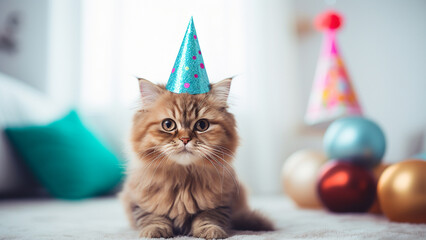 A perplexed cat with a cone hat on its head receiving a happy birthday