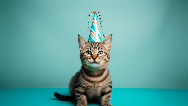 A perplexed cat with a cone hat on its head receiving a happy birthday