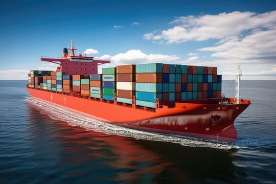 Container ship transporting goods in the sea. Freight transportation and logistics concept