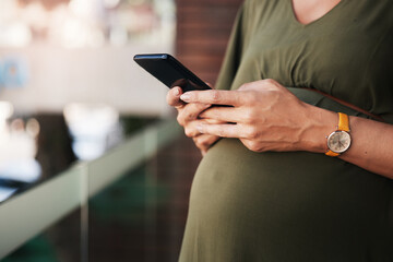 Hands, phone and pregnant woman typing in home, reading email notification and social media. Pregnancy, smartphone and closeup of mother on internet search for baby news, scroll website or mobile app