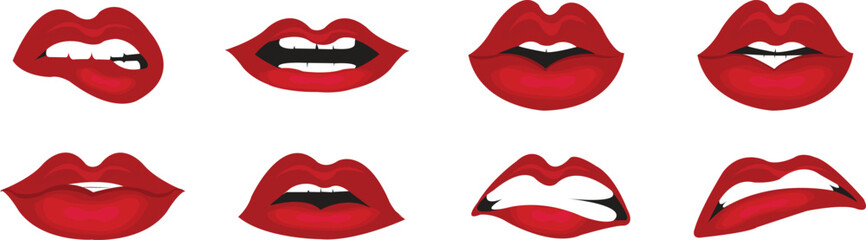 Beautiful red lip icon set with teeth vector art