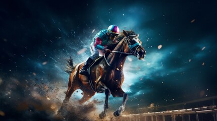 Fototapeta na wymiar Witness the breathtaking spectacle of futuristic horse racing as virtual steeds blaze down the track. 