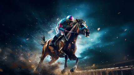 Foto op Plexiglas Witness the breathtaking spectacle of futuristic horse racing as virtual steeds blaze down the track.  © hamad