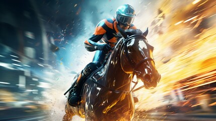 Witness the breathtaking spectacle of futuristic horse racing as virtual steeds blaze down the track.  - obrazy, fototapety, plakaty