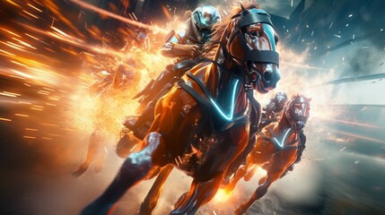 Witness the breathtaking spectacle of futuristic horse racing as steeds blaze down the track. 