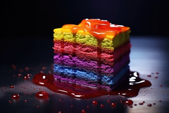 A slice of rainbow cake with syrup on a table. Imaginary AI picture.