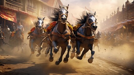 Witness the incredible speed and precision of crafted horses as they race towards glory.  - obrazy, fototapety, plakaty