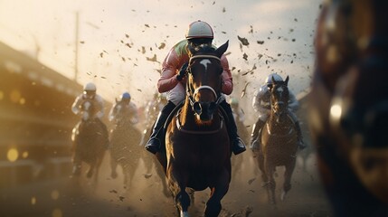 Witness the mesmerizing precision of AI-controlled horse racing in stunning 8K resolution.  - obrazy, fototapety, plakaty