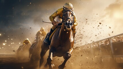 Witness the spectacle of high-speed horse racing like never before, brought to life through technology.  - obrazy, fototapety, plakaty