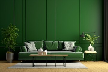 Mockup of a living room with a green wall, sofa, and decorations. Generative AI