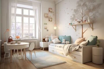Cozy kids room, white Scandinavian design, rendered in 3D. Generative AI