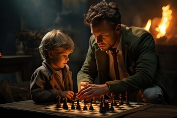 Father and son are playing chess while spending time together at home