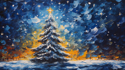 Christmas tree decorated with lights on a snowy field painted in oil - obrazy, fototapety, plakaty