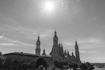 Cathedral of Our Lady of Pilar in Zaragoza in grayscale on a sunny summer day