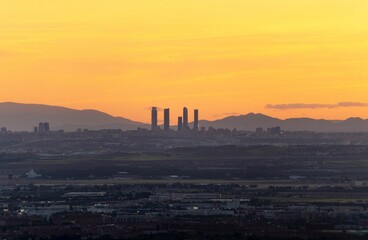 Scenic view of an orange sunset over the valley of Henares in Madrid, Spain