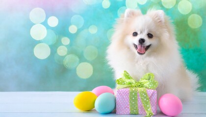 Fototapeta na wymiar Dog surrounded by colorful Easter decorations