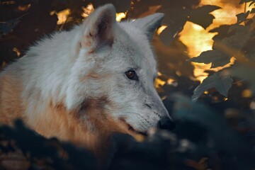 Close up shot of an adorable white wolf in its natural habitat