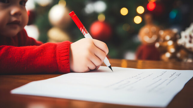 Close up of children of different ethnicity and gender writing letter to santa - Powered by Adobe