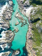 Aerial view of a shore with teal waters in Denmark, Great Southern region, Western Australia
