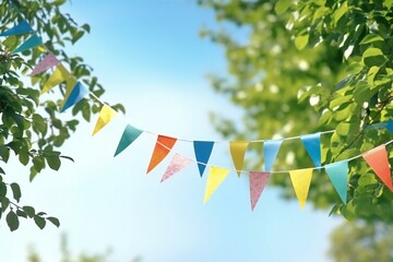Colorful pennant string decoration in green trees. Summer party concept with copy space.