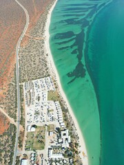 Aerial view of the town of Monkey Mia in Western Australia with a stunning ocean and beach view