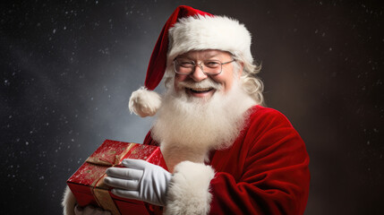 Smiling happy santa claus with gift